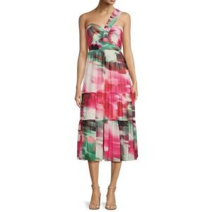 NWT Belle Badgley Mischka Remi Georgette One Sleeve Pink Multi Midi Dress